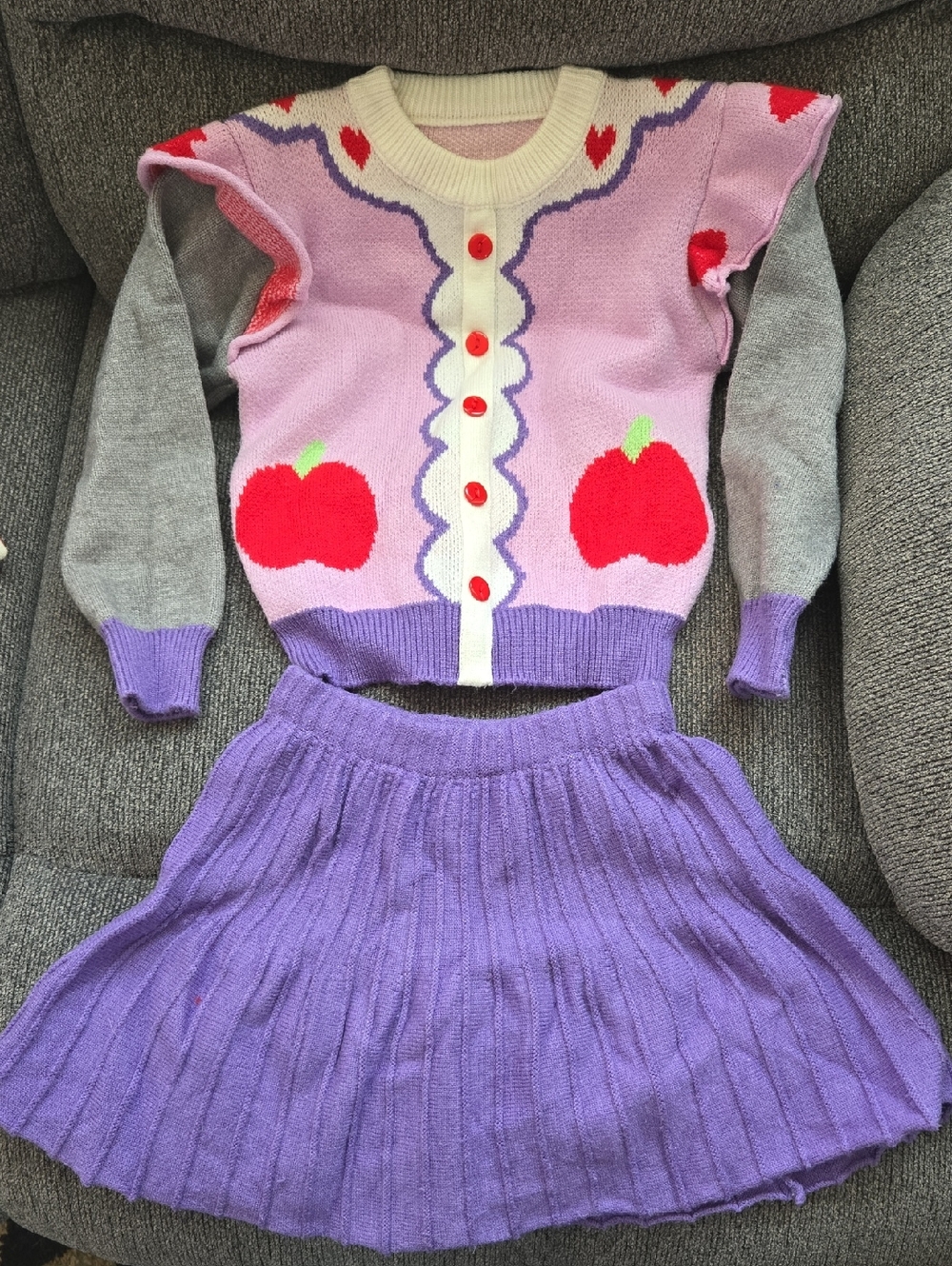 Girls Apple Cardigan & Pleated Skirt Set - Pink & Purple Knit Outfit 3-7T